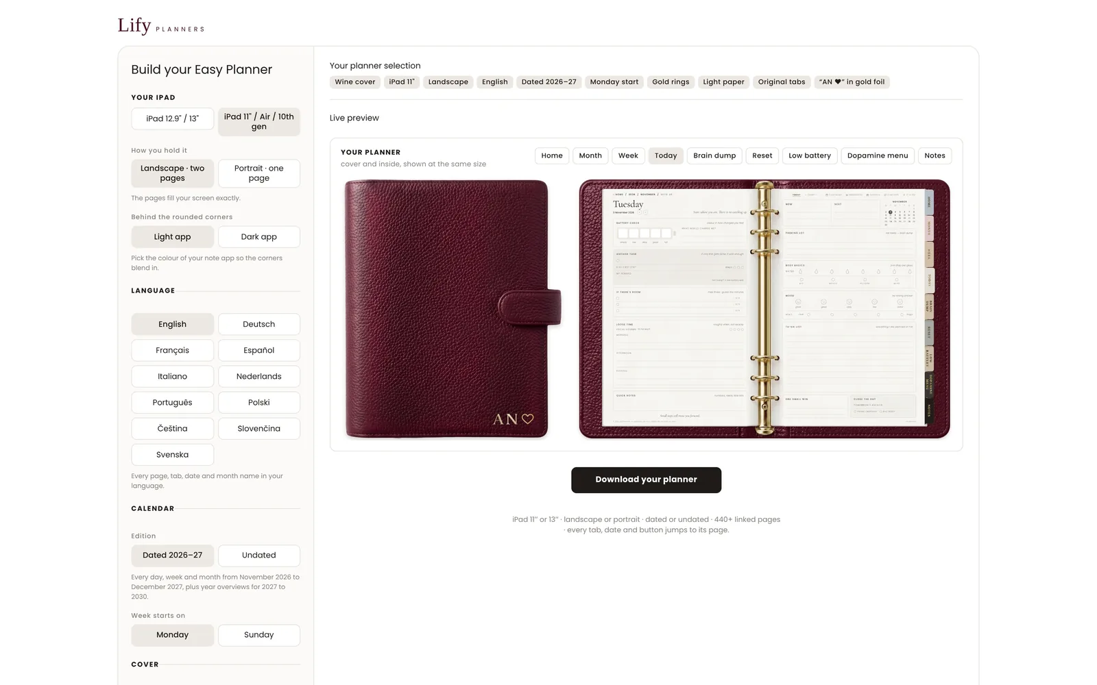 The Easy Planner Builder with cover options and a live preview