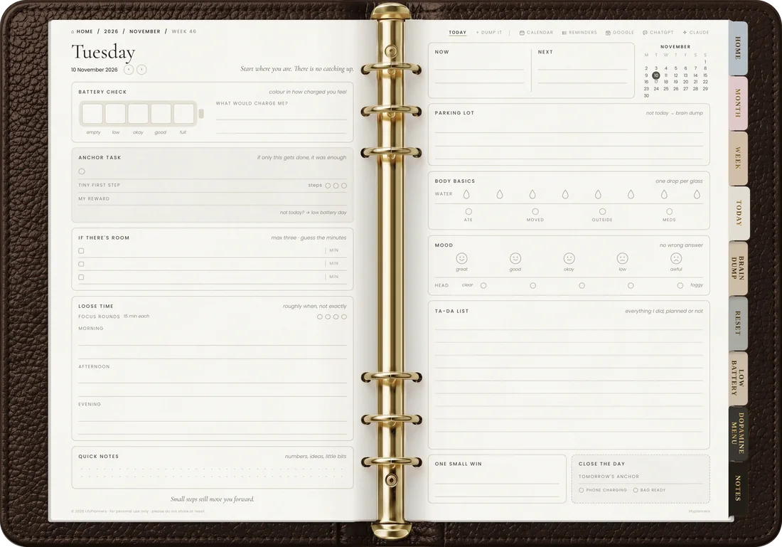 Easy Planner open on the Today page, espresso leather binder with gold rings
